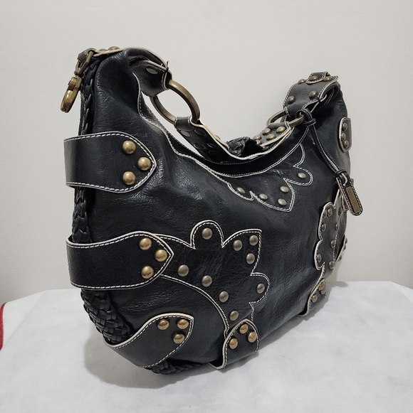 Isabella Fiore Black Leather Studded Braided Hobo Shoulder Bag Boho Western Chic - Picture 5 of 15